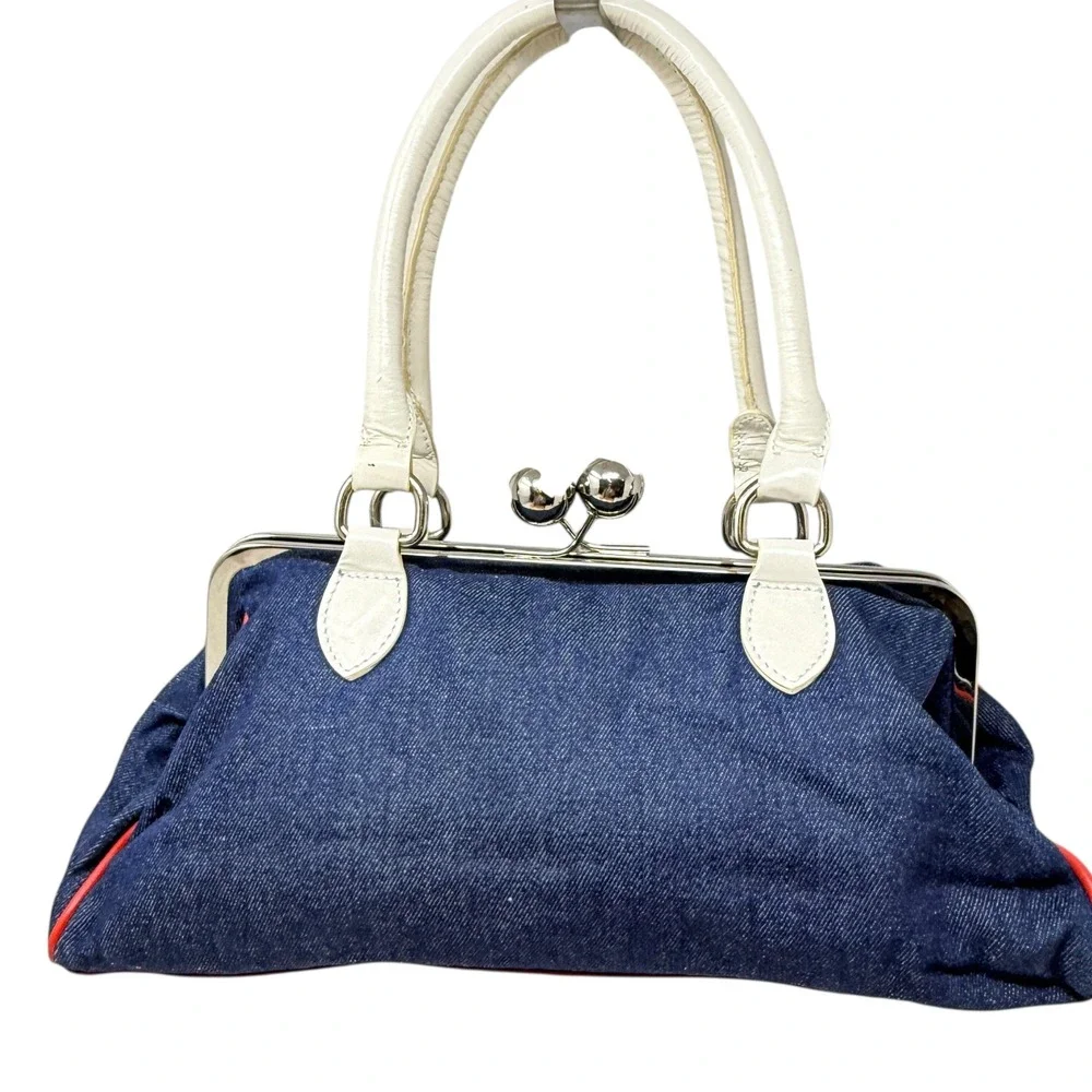 Euro Wellness Women's Purse Y2K Denim Red White Blue Studded Kiss‎ Lock